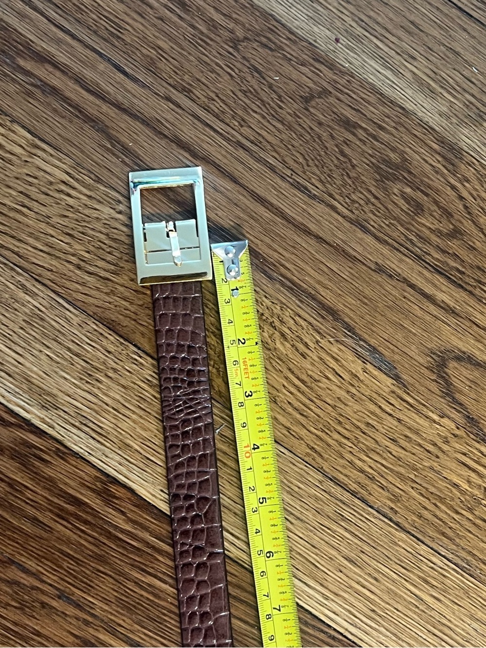 Brown Croc-Embossed Leather Belt with Gold Buckle - Picture 11 of 15